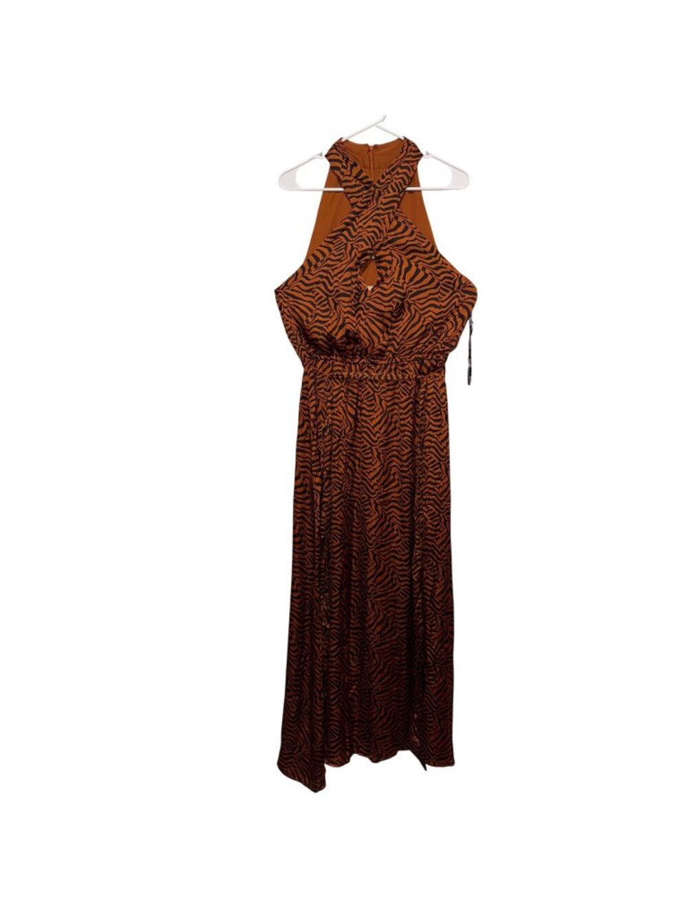 Anne Klein Brown & Black Zebra Print Maxi Dress Halter Neck Keyhole Back Size 12